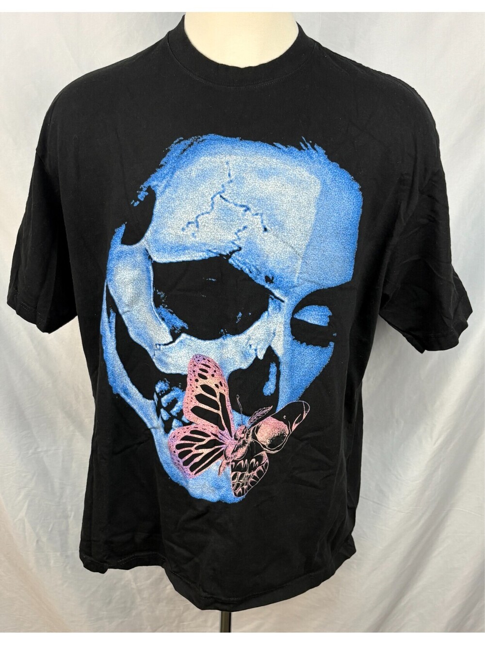 Y2K Shaka Wear Oversized Blue Skull Pink Butterfly Heavyweight Tee Men's 2XL